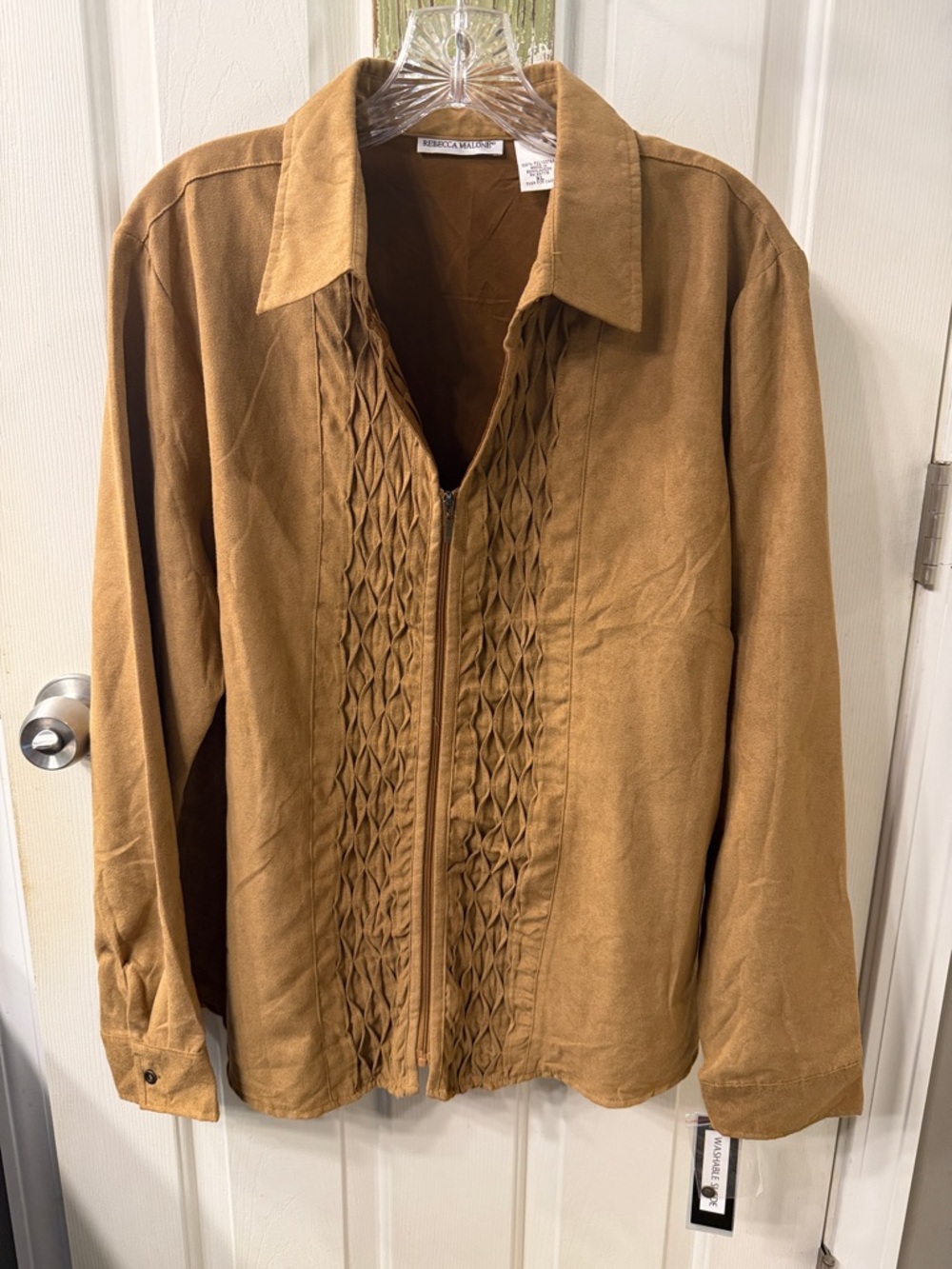Rebecca Malone Caramel Brown Zip-Front Soft Washable Suede Jacket NWT